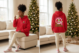Red Grinchmas hoodie front-and-back lifestyle views with coordinated sneakers and hot cocoa.