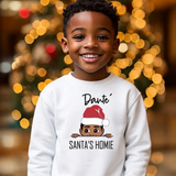 Boys white personalized Christmas sweatshirt with black Santa's Homie peeking boy design and name