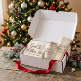 God Is Within Her Christmas Gift Box with a matching shirt, frosted glass can cup, and tote in a white gift box with red ribbon