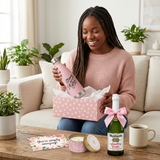 Smiling Black woman opening her Strong As A Mother personalized gift box holding the water bottle beside a mini Martinelli's Sparkling Cider