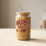 Hillman College inspired iced coffee glass with burgundy and gold varsity-style design
