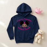 Navy I Am My Ancestors Wildest Dream girls hoodie flat lay with a pink toy crown and teddy bear