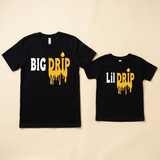 Black Big Drip men's tee and Lil Drip youth shirt with gold drip letters