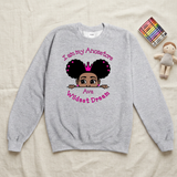 Sport gray I Am My Ancestors Wildest Dream girls sweatshirt flat lay with crayons and a small doll