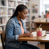 Woman reading at a bookshop table with a Hot Girls Read iced coffee glass beside her open book.