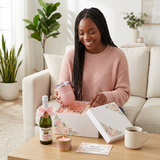 Smiling Black woman opening her Hello Beautiful personalized gift box holding the Madison tumbler beside a mini Martinelli's Sparkling Cider