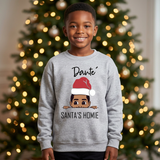 Boys sport gray personalized Christmas sweatshirt with black Santa's Homie design and custom name