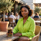 Woman relaxing at an outdoor cafe with a 100% That B*tch iced coffee glass beside her.