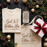 God Is Within Her Christmas gift set flat lay with the matching shirt, frosted glass can cup, and canvas tote