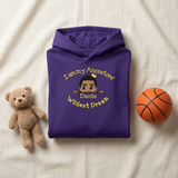 Purple I Am My Ancestors Wildest Dream toddler hoodie flat lay with a teddy bear and basketball
