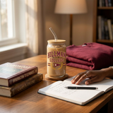 Hillman College inspired iced coffee glass in a campus-inspired study setting