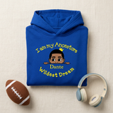 Royal blue I Am My Ancestors Wildest Dream boys hoodie flat lay with a football and headphones
