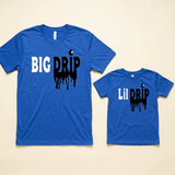 Blue Big Drip men's t-shirt and matching Lil Drip youth t-shirt flat lay