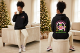 Black Grinchmas hoodie front-and-back lifestyle views with coordinated sneakers and hot cocoa.
