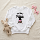 White I Am Black History toddler sweatshirt flat lay