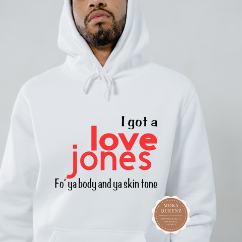Love Jones Hoodie | White Hoodie with red and black text