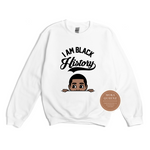 I Am Black History Shirt | Toddler Sweatshirt|White Sweatshirt with peek a boo african american little boy under the words I Am Black History