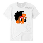 FOCUSED WOMEN'S T-SHIRT | WHITE T-SHIRT WITH BLACK, BROWN AND ORANGE GRAPHIC