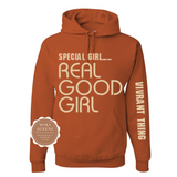 Special Girl Real Good Girl Hoodie | Texas Orange Hoodie with beige text on the front and the sleeve