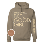 Special Girl Real Good Girl Hoodie | Khaki Hoodie with beige text on the front and the sleeve