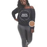 Keith Sweat  Shirt | Black woman wearing Black Off the shoulder shirt with white graphic