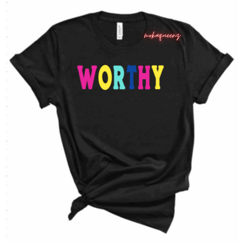 Worthy T-Shirt - Black t shirt with pink, yellow, mint green, and royal blue text 