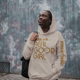 Special Girl Real Good Girl Hoodie Beige Hoodie with brown text on the front and the sleeve