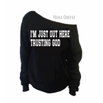 off the shoulder sweatshirt, black sweatshirt with white text,  women's Christian sweatshirt
