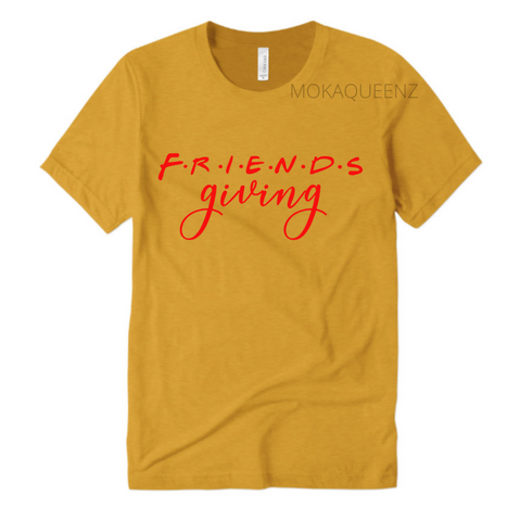 Friendsgiving Shirts | Mustard yellow T-shirt with red text.