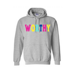 Worthy Hoodie - Grey hoodie with pink, yellow, mint green, and royal blue print