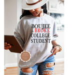 College Sweatshirt - College Crewneck - gray sweatshirt with white and red text 
