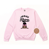 I Am Black History Shirt | Toddler Sweatshirt| Pink Sweatshirt with peek a boo african american little girl under the words I Am Black History