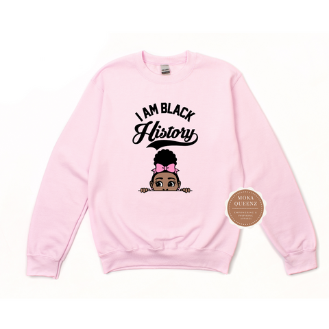 I Am Black History Shirt | Toddler Sweatshirt| Pink Sweatshirt with peek a boo african american little girl under the words I Am Black History