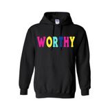 Worthy Hoodie - Black hoodie with pink, yellow, mint green, and royal blue print 