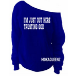 off the shoulder sweatshirt, royal blue sweatshirt with white text,  women's Christian sweatshirt