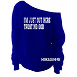 off the shoulder sweatshirt, royal blue sweatshirt with white text,  women's Christian sweatshirt