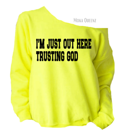 off the shoulder sweatshirt, rneon yellow sweatshirt with black text,  women's Christian sweatshirt