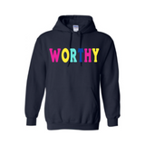 Worthy Hoodie - Navy blue hoodie with pink, yellow, mint green, and royal blue print