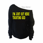 off the shoulder sweatshirt, black sweatshirt with yellow text,  women's Christian sweatshirt