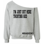 off the shoulder sweatshirt, Heather Gray sweatshirt with black text,  women's Christian sweatshirt