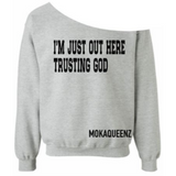 off the shoulder sweatshirt, Heather Gray sweatshirt with black text,  women's Christian sweatshirt