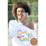 New Edition Shirt - Candy Girl | White Off the Shoulder Sweatshirt with holographic rainbow text