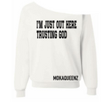 off the shoulder sweatshirt, rwhite sweatshirt with black text,  women's Christian sweatshirt
