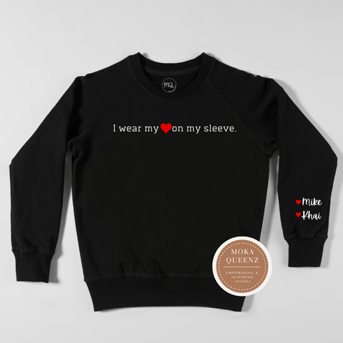 Personalized Heart Shirt | Black sweatshirt with white and red text 
