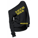 off the shoulder sweatshirt, black sweatshirt with yellow text,  women's Christian sweatshirt