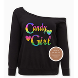 New Edition Shirt - Candy Girl | Black Off the shoulder Sweatshirt with holographic rainbow text