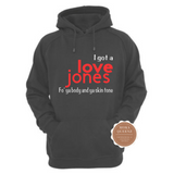 Love Jones Hoodie | Black Hoodie with red and white text