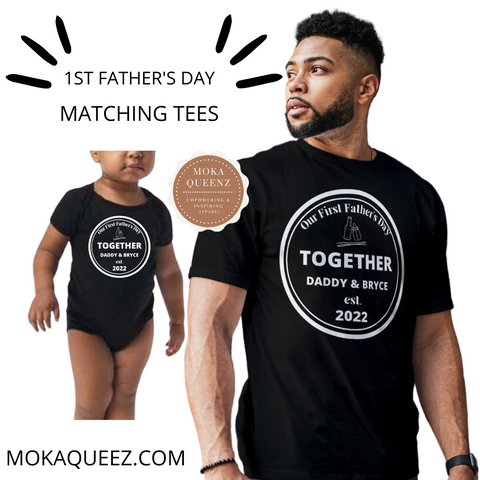 First Fathers Day Dad and Son Shirts - African American Dad and Son weaing black Shirts with white graphic 
