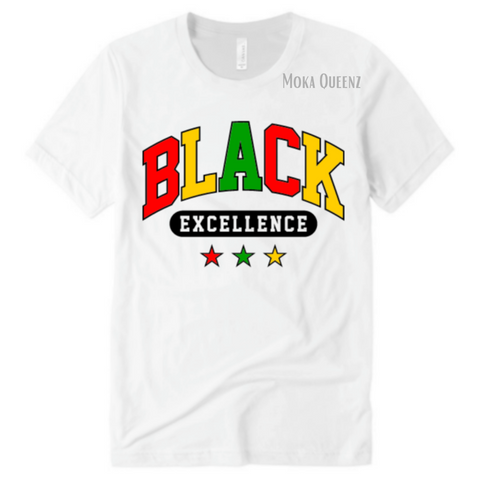 BLACK EXCELLENCE SHIRT | WHITE T SHIRT WITH RED, YELLOW AND GREEN AND BLACK GRAPHICS