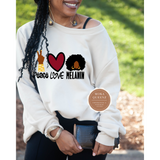 Melanin Peace Shirt | Black woman wearing Beige sweatshirt with peace love melanin graphic design